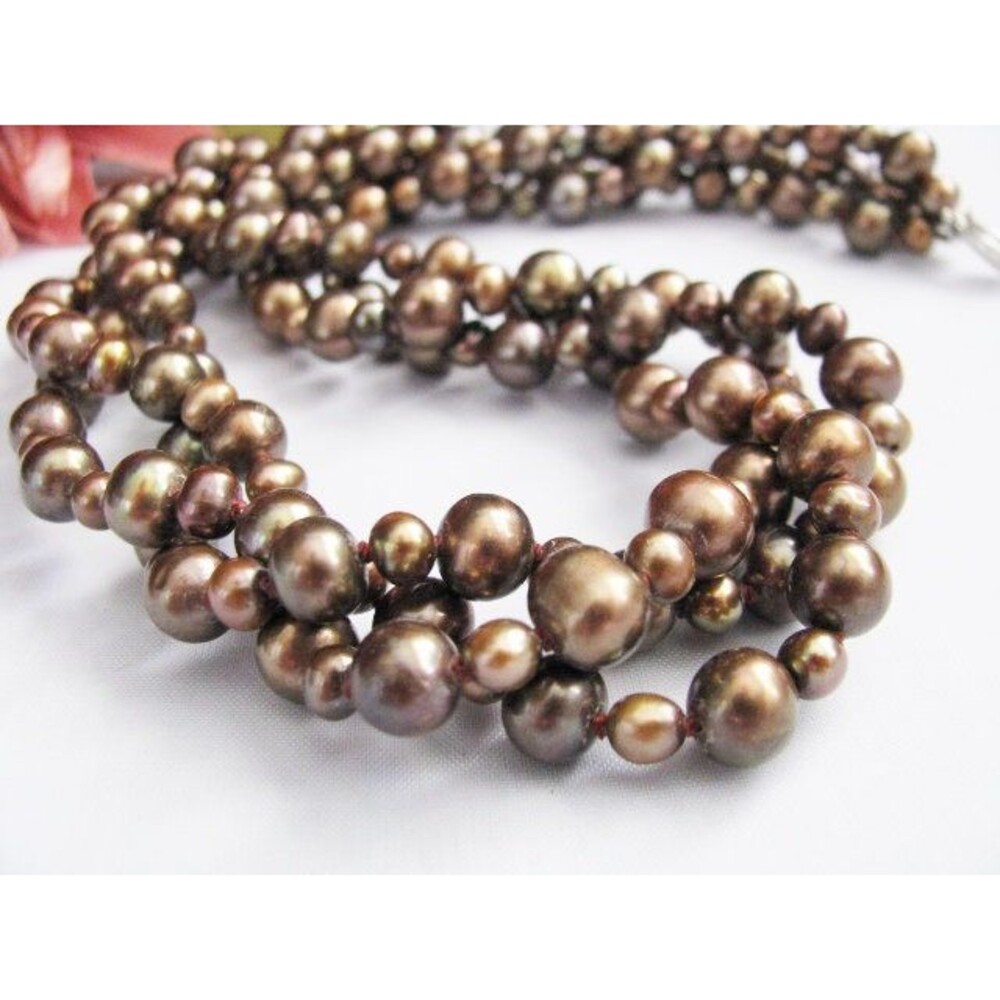 Chocolate Fresh water Pearls 3 row Twisted Necklace with Sterling Silver clasp